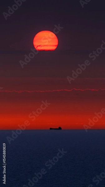 Fototapeta Sunset over the Norwegian Sea with the glowing sun touching the horizon above the silhouette of a distant ship. A dramatic seascape perfect as a bold and warm background image. View from cruise ship
