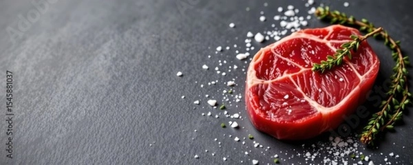 Fototapeta culinary excellence a raw beef steak seasoned with salt and thyme is prominently displayed on the right side of the image