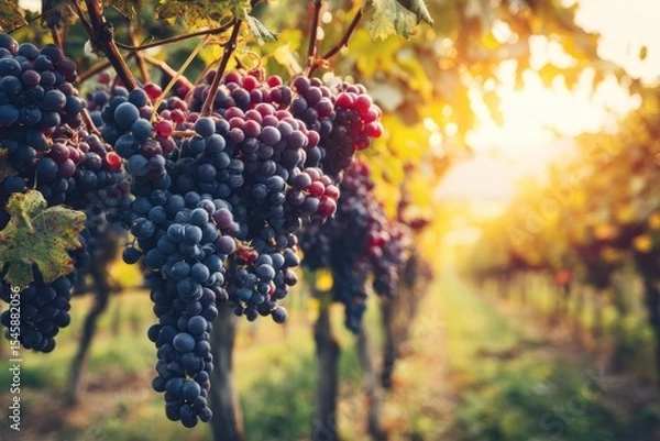 Obraz Ripe grape clusters hanging in a sunlit vineyard with green leaves and rows of vines stretching into the distance