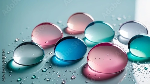 Obraz Colorful Abstract Gel Droplets, Translucent Spheres on Reflective Surface