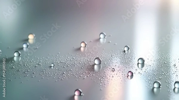 Obraz 
Crystal Clear Water Droplets on Reflective Surface, Macro Purity