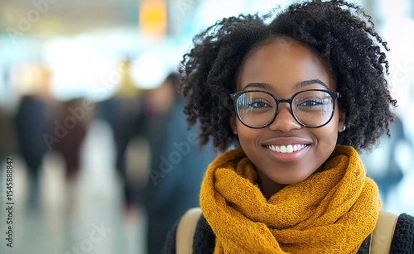 Obraz Excited traveler smiling at departure gate with vacation vibes


