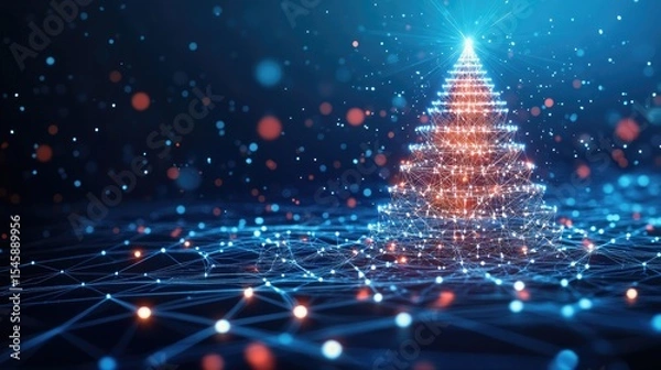 Fototapeta Glowing network shaped Christmas tree lights up a high tech blue background symbolizing the spirit of Christmas in a digital cyber world