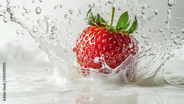 Obraz Milk crown forms as strawberries fall into liquid