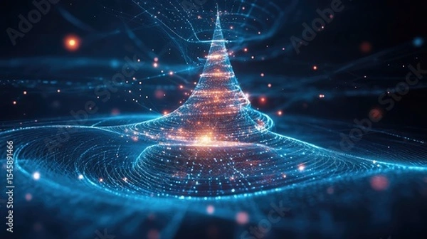 Fototapeta Modern tech Christmas tree glowing with blue lights and linked digital nodes on a vibrant blue backdrop showing holiday in digital future style