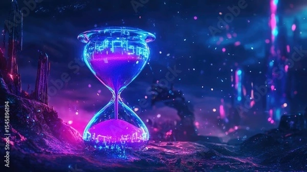 Fototapeta Futuristic neon hourglass shining with vibrant purple and blue hues in a cyber setting that captures time’s motion in a high tech world
