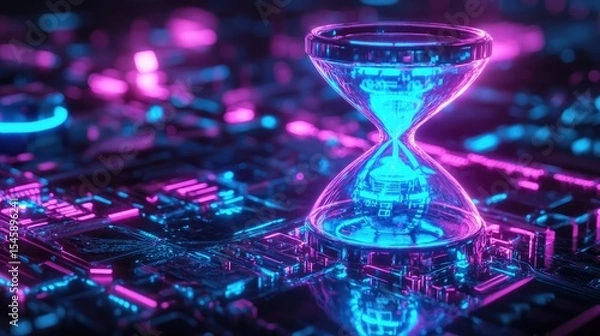 Fototapeta Cyberpunk hourglass glowing with neon blue and purple lights representing the continuous passage of time in a futuristic digital universe