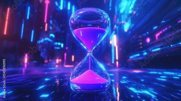 Fototapeta Luminous digital hourglass filled with glowing sand placed in a sci-fi environment glowing in vibrant purple and blue neon futuristic light