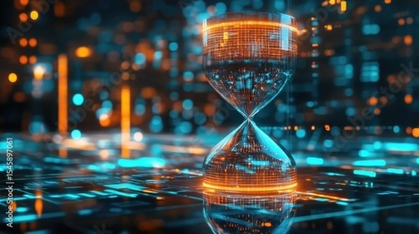 Fototapeta High tech abstract scene with a luminous glass hourglass glowing against an LED style digital setting symbolizing time and technological progress