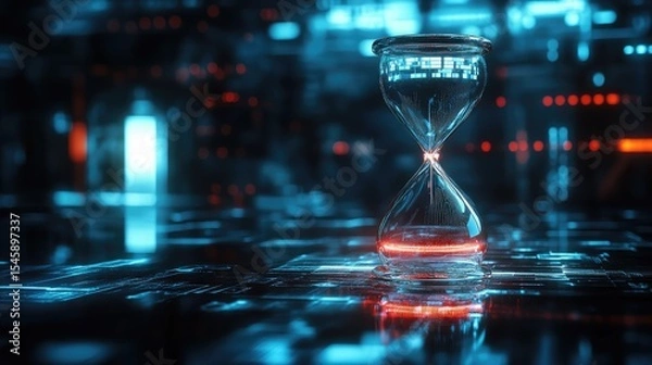Fototapeta Radiant glowing glass hourglass floating in a cyber setting symbolizing the seamless integration of digital technology and flowing time itself