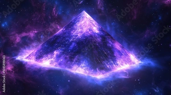 Fototapeta Mystical glowing pyramid suspended in a cosmic scene of soft neon light and deep purples blending with celestial space tones