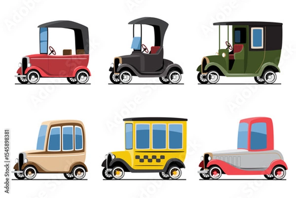 Fototapeta Classic early 20th-century vintage car vehicles set cartoon illustration . Flat design . Isolate on white background . Vector .