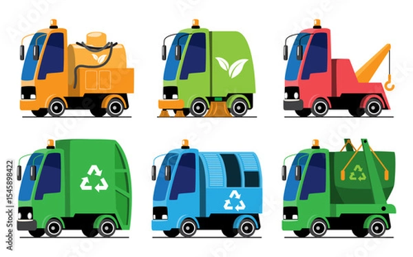 Fototapeta Waste Management Vehicles or Garbage Truck set cartoon illustration . Flat design . Isolate on white background . Vector .