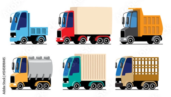 Fototapeta Logistics Trucks or Commercial transportation vehicles cartoon illustration included Flatbed, Box, Dump, Tanker, Container and Stake Truck . Flat design . Isolate on white background . Vector .