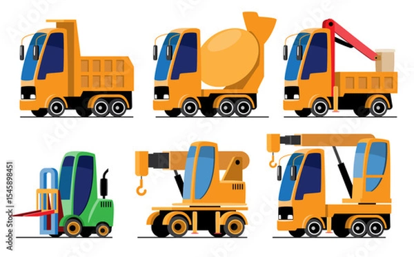 Fototapeta Industrial or Construction Vehicles set cartoon illustration included Dump, Cement Mixer, Forklift and Crane truck . Flat design . Isolate on white background . Vector .