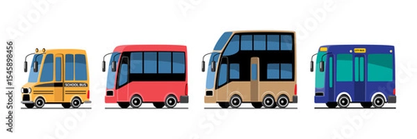 Fototapeta Public transportation or commercial vehicles set cartoon illustration included school bus, city bus and double decker bus . Flat design . Isolate on white background . Vector .