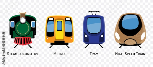 Fototapeta Train types vehicles set cartoon illustration . Included stream locomotive, metro, tram, high-speed train . Flat design . Isolate on white background . Vector .