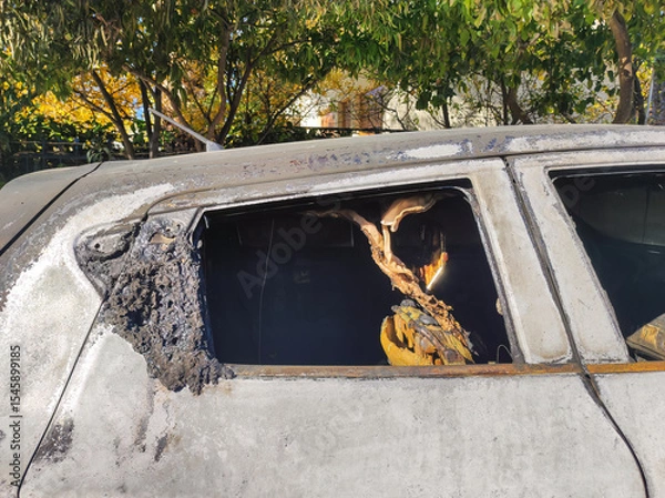 Fototapeta Destroyed from fire car. Front view.
