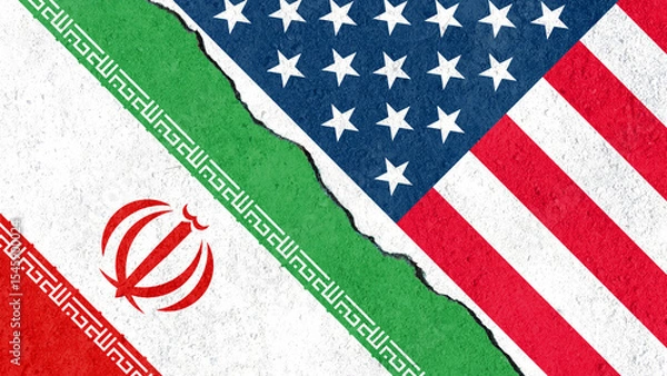 Fototapeta Cracked Flags of Iran, and USA: Symbolizing Political Tension.
