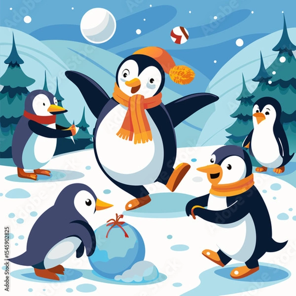 Fototapeta Penguins Having a Snowball Fight Illustration Depicting Playful Winter Fun, Animal Behavior, and Joyful Interaction
