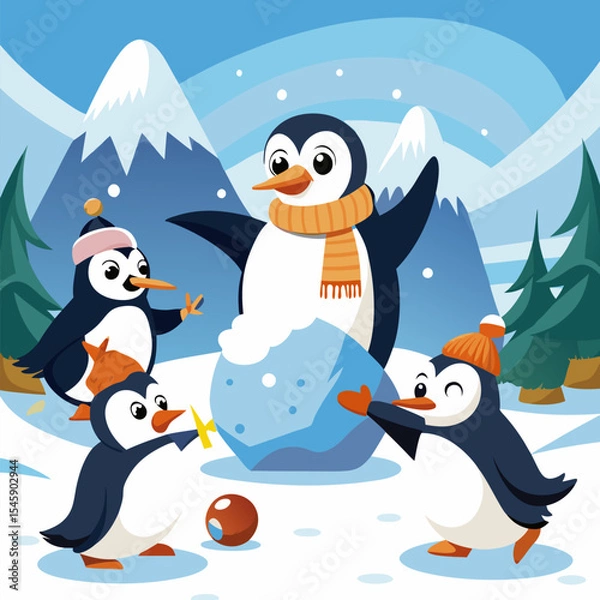 Fototapeta Penguins Having a Snowball Fight Illustration Depicting Playful Winter Fun, Animal Behavior, and Joyful Interaction
