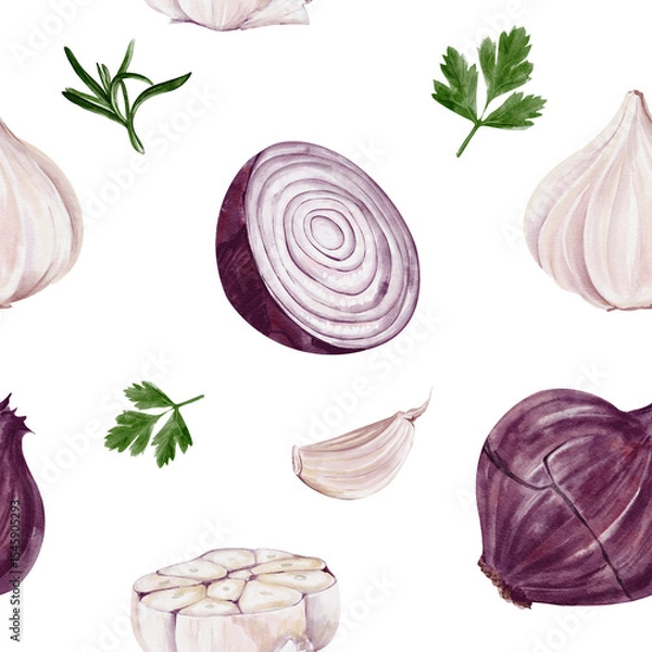 Obraz Seamless pattern with onions and garlic. Red onion whole and sliced. Garlic in cloves and slices. Parsley and rosemary. Spices for cooking. Watercolor illustration. Hand drawing. Decor for fabric