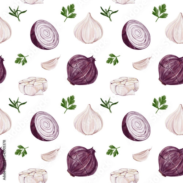 Obraz Seamless pattern with onions and garlic. Red onion whole and sliced. Garlic in cloves and slices. Parsley and rosemary. Spices for cooking. Watercolor illustration. Hand drawing. Decor for fabric