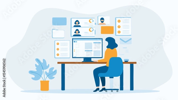 Fototapeta Woman working at computer with virtual team and online collaboration tools in a modern office