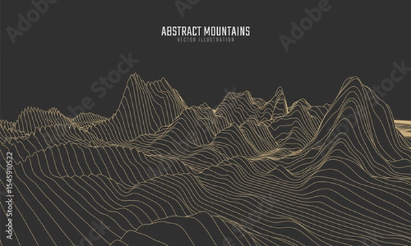 Fototapeta Contour mountain landscape. Waved line art. Abstract minimal topographic map. Contour lines with elevations and terrain depth. Vector illustration.