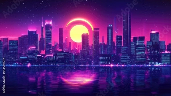Fototapeta Retro skyline gleams beneath electric colors with a radiant neon sun and timeless echoes of synthwave and eighties culture