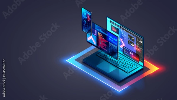 Fototapeta Web development and coding. Cross platform software development of website. Adaptive layout internet page or web interface on screen laptop, tablet and phone. Isometric computer technology concept.