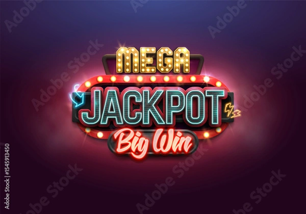 Fototapeta Shining Jackpot billboard with retro neon signs. Mega big win concept. Vector illustration.