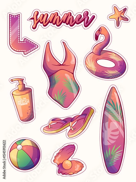 Fototapeta set of drawn summer stickers, beach theme with the image of a swimsuit, sunscreen, ball, inflatable ring, surfboard in bright summer colors