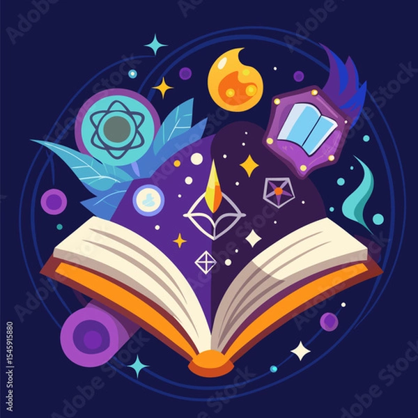 Fototapeta Open Book with Magic Symbols Illustration Representing Fantasy, Enchantment, and Mystical Knowledge in a Magical World