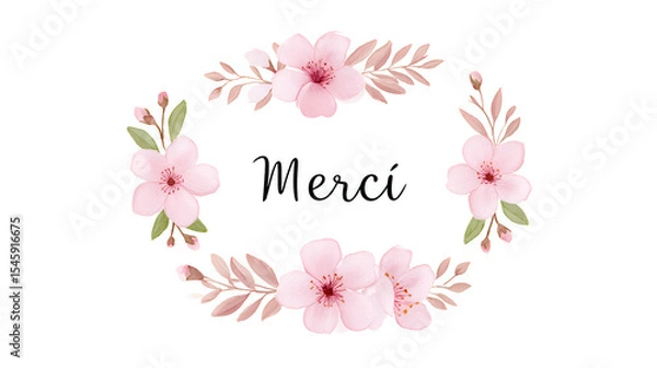 Fototapeta Delicate pink watercolor floral wreath with French word Merci in black calligraphy script, surrounded by soft cherry blossoms and botanical leaves on white background.