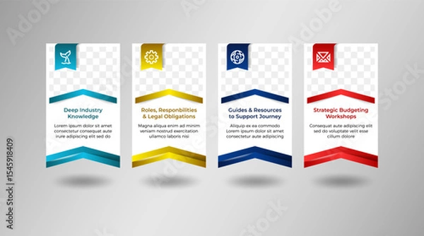 Obraz set of box page banner element for discribe infomation on website. infographic design elements with icon, photo space and text. up arrow element with retro flag with shadow effect.