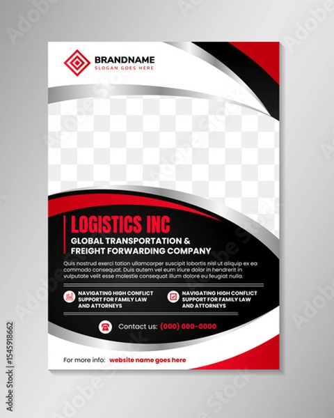 Obraz logistic Transport, global tansportation and freight forwarding company flyer template design on vertical layout. combination white, grey, and red gradient on element with black background.