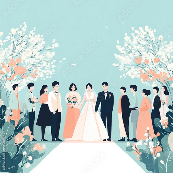 Fototapeta Outdoor Wedding with Korean Guests Full Body Photo, Front, Modernism Style, Flat Illustration, Simple Image Vector, 2D Effect made with generative AI
