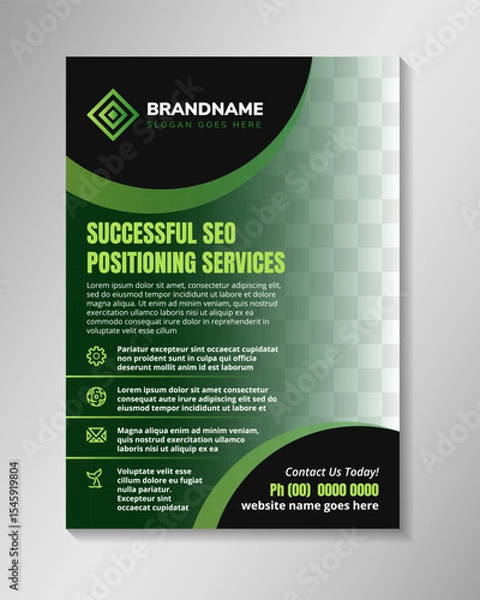 Obraz successful seo positioning serices vertical flyer design template. multicolor green gradient colors with space for photo.