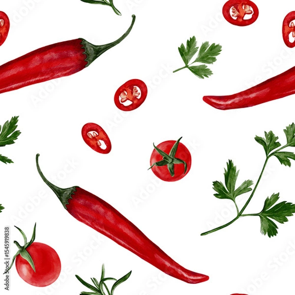 Obraz Seamless pattern with pepper. Red hot chili with cherry tomatoes. Parsley and basil. Spices for cooking. Watercolor illustration without background. Hand drawing. Pattern for fabric and textile.