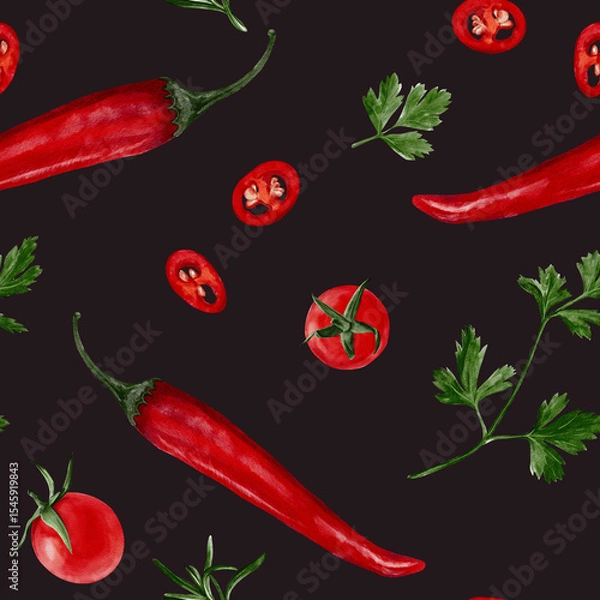 Obraz Seamless pattern with pepper. Red hot chili with cherry tomatoes. Parsley and basil. Spices for cooking. Watercolor illustration without background. Hand drawing. Pattern for fabric and textile.