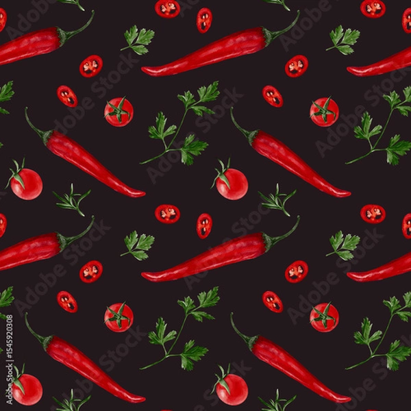 Obraz Seamless pattern with pepper. Red hot chili with cherry tomatoes. Parsley and basil. Spices for cooking. Watercolor illustration without background. Hand drawing. Pattern for fabric and textile.