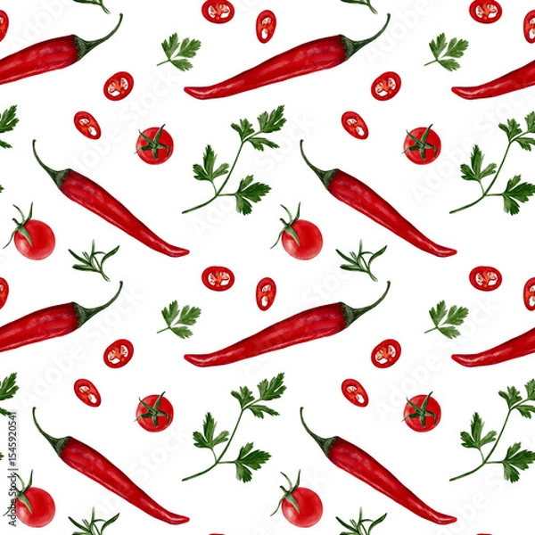 Fototapeta Seamless pattern with pepper. Red hot chili with cherry tomatoes. Parsley and basil. Spices for cooking. Watercolor illustration without background. Hand drawing. Pattern for fabric and textile.