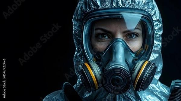 Fototapeta A determined woman's intense gaze pierces through the full-face respirator and hazmat suit; a close-up portrait showcasing resilience and protection du a hazardous situation.