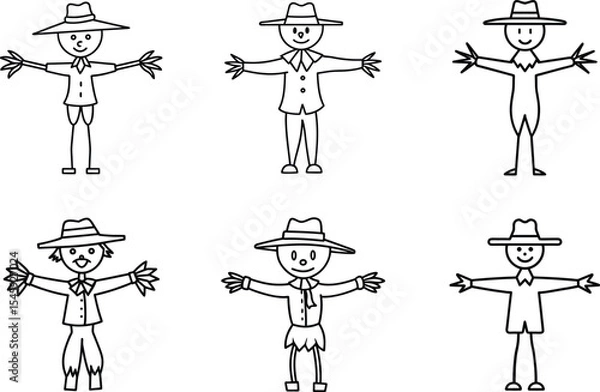 Fototapeta Set of Cute Scarecrow Line Art Characters – Farm Harvest Vector Collection