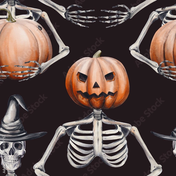 Obraz Seamless pattern with skeletons and pumpkins, Jack's head. Halloween pattern. Skeleton in a witch's hat holds a pumpkin. Watercolor illustration on a dark background. Hand drawn.