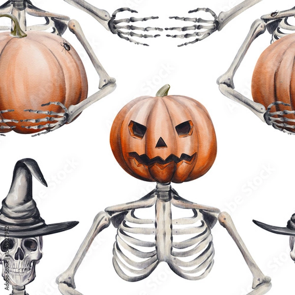 Obraz Seamless pattern with skeletons and pumpkins, Jack's head. Halloween pattern. Skeleton in a witch's hat holds a pumpkin. Watercolor illustration. Hand drawn.