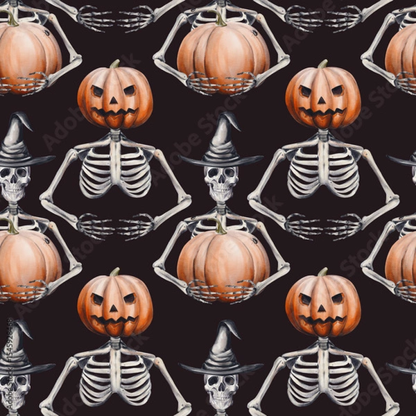 Obraz Seamless pattern with skeletons and pumpkins, Jack's head. Halloween pattern. Skeleton in a witch's hat holds a pumpkin. Watercolor illustration on a dark background. Hand drawn.