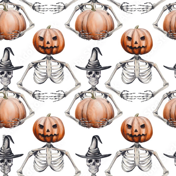 Obraz Seamless pattern with skeletons and pumpkins, Jack's head. Halloween pattern. Skeleton in a witch's hat holds a pumpkin. Watercolor illustration. Hand drawn.