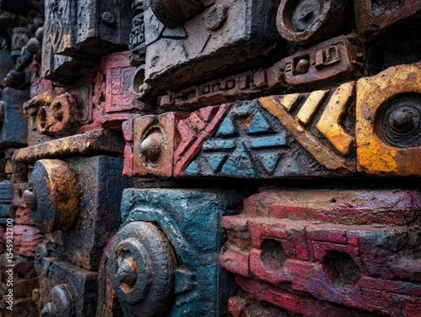 Fototapeta A textured, multicolored, sculpted wall composed of various sized blocks, featuring geometric and abstract designs with hints of rust and weathering